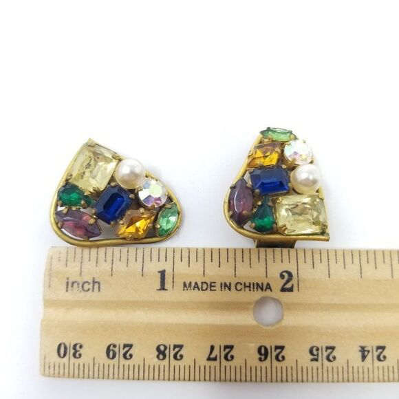 Vintage Rhinestone Cluster Clip On Earrings, Made in Germany US Zone, Colorful - Picture 3 of 7
